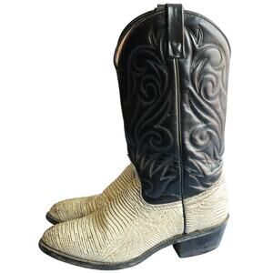 Vintage 70s 80s Palomino Lizard Cream Black Leather Western Boot Men 8.5 TwoTone
